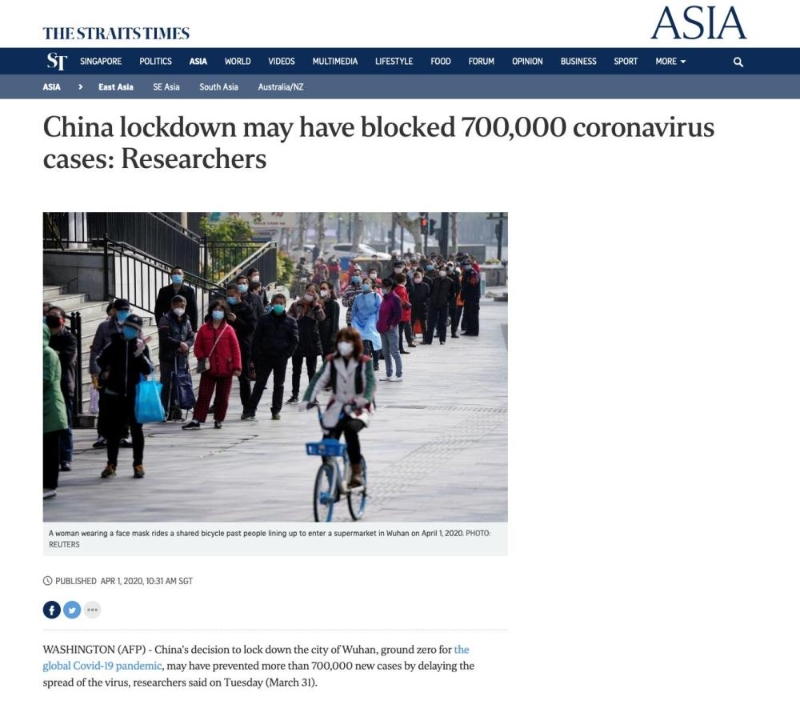 外媒：中国政府“封锁”武汉避免了70万新增病例出现
