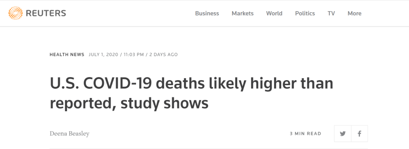 路透社：研究显示，美国新冠肺炎实际死亡人数很可能高于官方统计