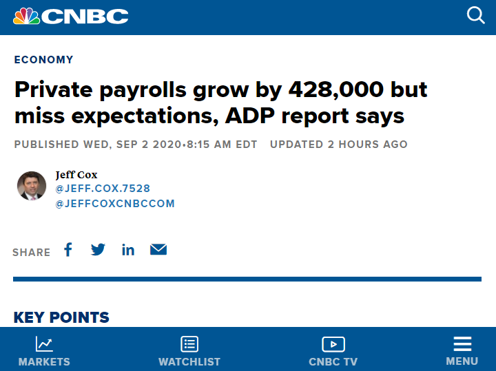 北美观察丨美国就业增长乏力：ADP数据不及预期 美股继续背离经济形势