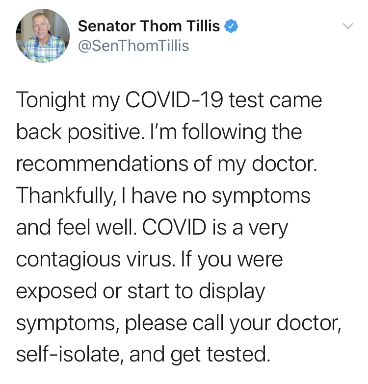 美国共和党参议员汤姆·提利斯新冠病毒检测结果呈阳性