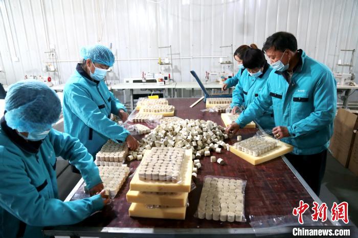 图为4月21日村民在工厂内切割艾草制品。陕西　张远 摄