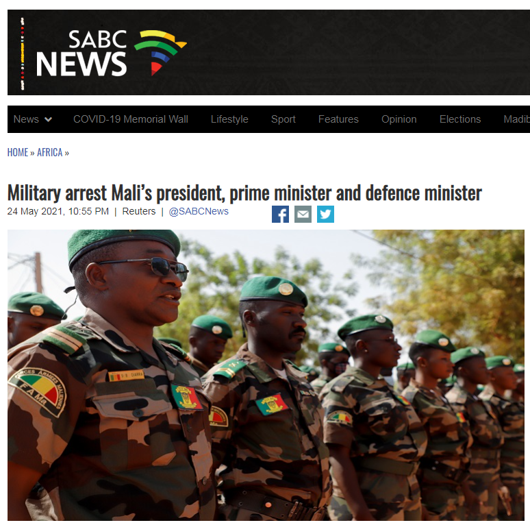 马里军方逮捕该国过渡政府总统、总理和国防部长
