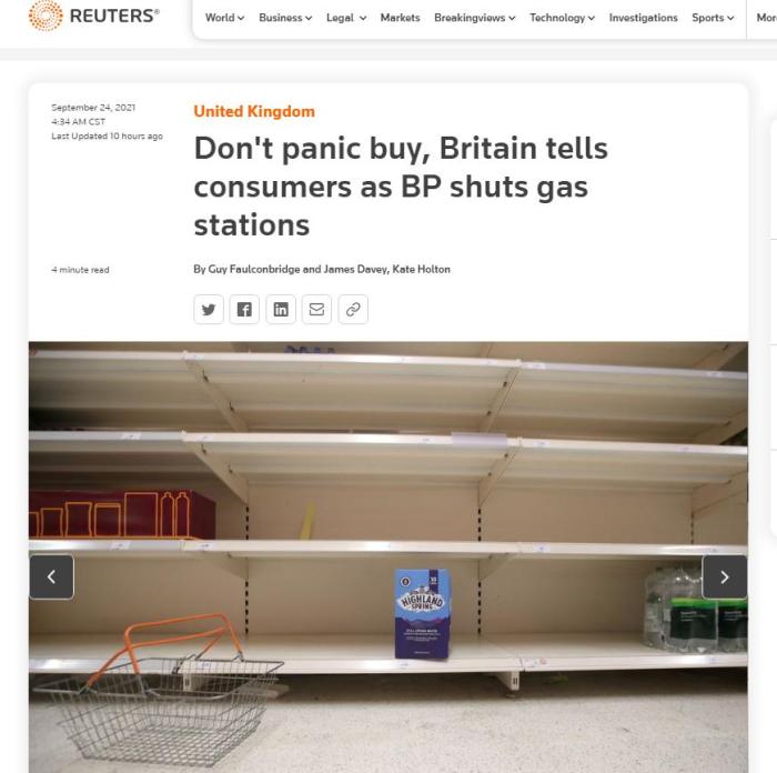9月22日，英国哈彭登的一家超市的软饮料货架。图片来源：路透社报道截图。