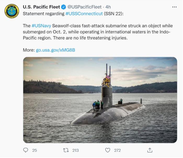美军一艘核潜艇发生水下撞击事故 致多名船员受伤