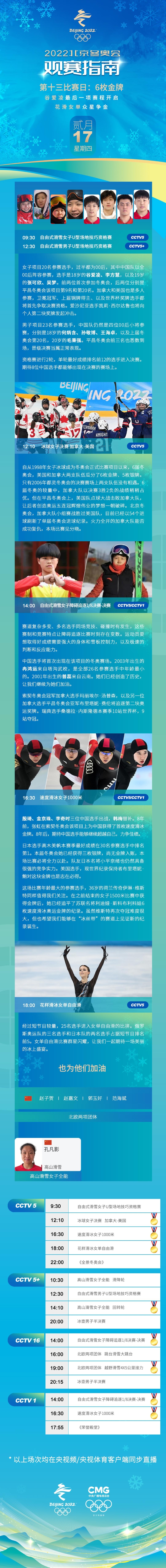 2月17日观赛指南：谷爱凌最后一项赛程开启 花滑女单众星争金