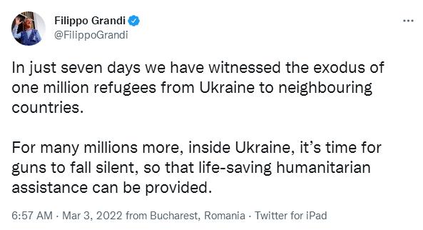 联合国难民署高级专员：超100万难民逃离乌克兰