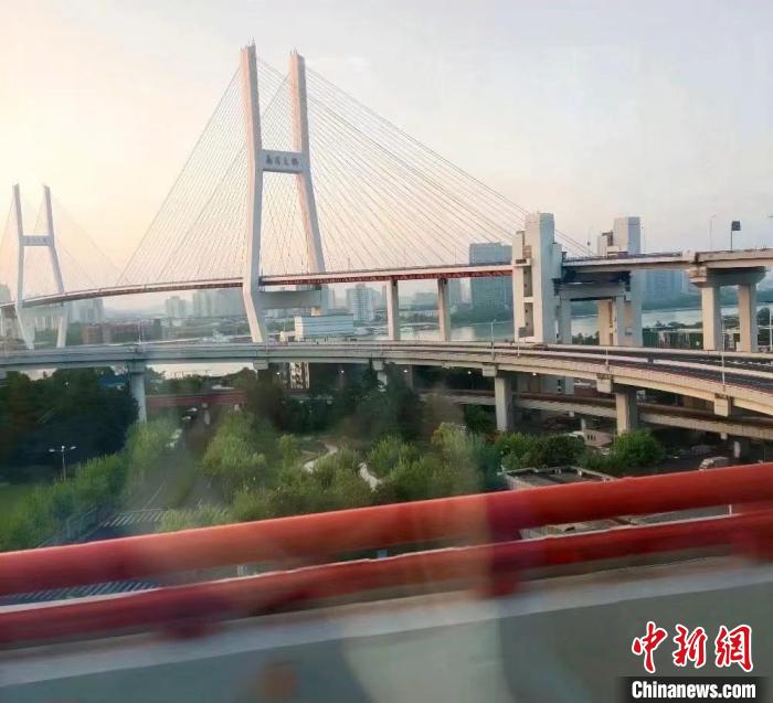 图为杨春霞透过车窗拍摄的清晨的上海。　杨春霞供图