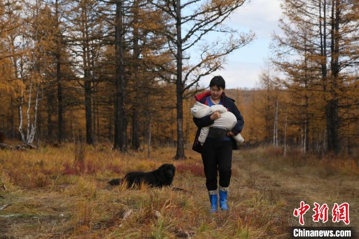 图为金兰迪抱着儿子在林间散步。　古木森供图