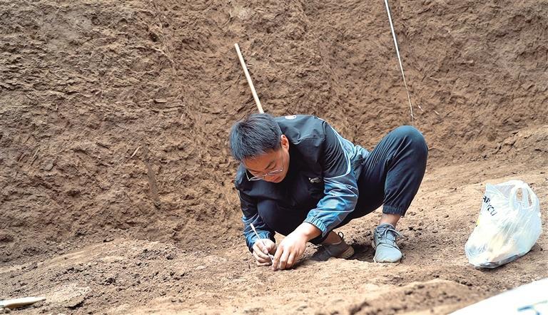 西北大学文化遗产学院博士生刘威在西头遗址发掘现场